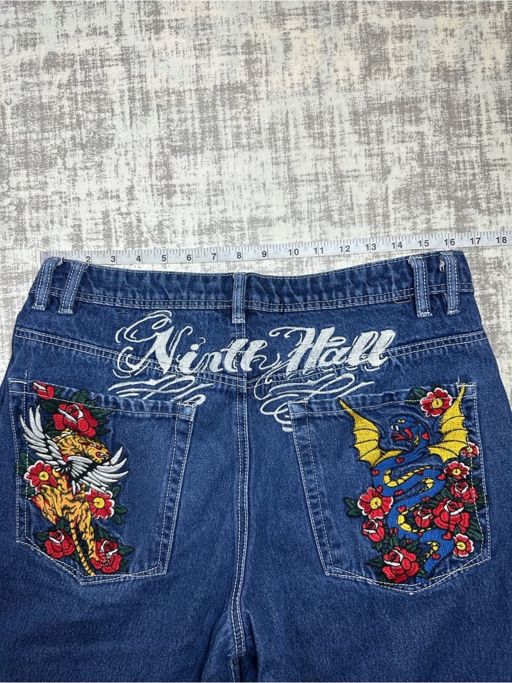 Y2K Dark Blue Denim Jeans with Flame Patch